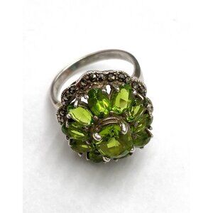925 Ring Sterling Silver 9 Green Glass Cocktail Vintage Chunky Marcasites FLAW